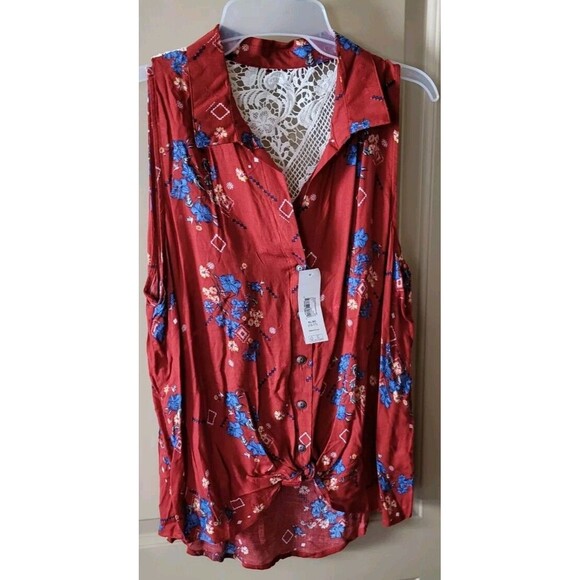 WOMAN JUNIOR NOBO RUST SLEEVELESS FLORAL TIE V NECK SHIRT SIZE XL (15-17) NWT - Picture 1 of 5